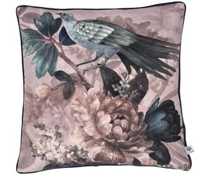Appletree Velvet Cushion - Teal & Navy Floral Bird Design - 43 x 43cm Decorative Throw Pillow with Filling - Soft Touch Piped Edge Cushion for Sofa, Bed & Home Decor