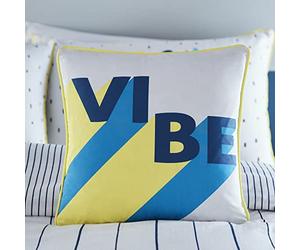 Appletree - Vibe Word Cushion (43 x 43cm) - 100% Cotton - Reversible Designs - Filling Included - Yellow Piped Edge - Black White Stripe Cushion with Cover Included/Cushion Insert - For Home Decor