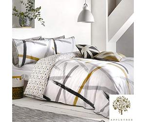 Appletree - Yellow & White Geometric Duvet Cover - King Bedding Size (230 x 220cm) - Soft 100% Cotton - Reversible Design - Piped Edge - Black & Ochre Triangle Shapes Bedding - Contemporary Bed Set