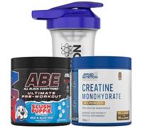 Applied Nutrition Bundle ABE Pre Workout 375g + Creatine 250g + 700ml Protein Shaker | All Black Everything Pre Workout Powder, Energy & Performance with Creatine, Beta Alanine (Slush Puppie)