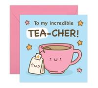 Appreciation Card - 'To My Incredible Tea-cher' - Cute Mug & Teabag - Thank You Greeting for Teacher, Tutor, Mentor, Teaching Assistant, Instructor, Coach, Professor - Includes Fun Stickers