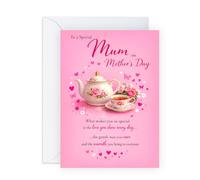Appreciation Mother’s Day Card - Pink Teapot Floral Design for Mama Mums Mummy Her Women From Son Daughter Family - Greetings, Love Everyday, Gentle Care and Warmth -Comes with Sweet Stickers