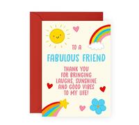 Apprecition and Thank You Card - 'Fab Friend' - Presents for BFF, Besties, Girlfriend, Him, Her, Women, Men - Bright and Cheerful Design with Rainbows and Sunshine - Comes with Fun Stickers