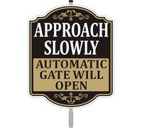 Approach Slowly Automatic Gate Will Open Sign Moving Gates Door Warning Safety Caution 12" x 10" With 35" Long Metal Stake Stand Aluminum Outdoor Use Yard Business Home