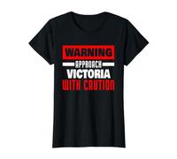Approach Victoria with Caution Funny Victoria Name Value Graphic T-Shirt, Women, Black, L