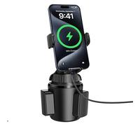 APPS2Car Solid Cup Phone Mount for Car Cup Holder Wireless Charger 15W with Quick Extension Long Arm Fast Swivel Adjustable Height 360 Rotatable Low Profile for iPhone 15 Pro Max Plus 14 13 12 11 XS X