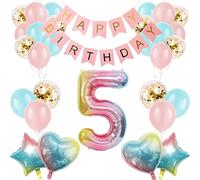 Apradas 26pcs 5th Birthday Balloons & Banner - Pink, Blue, Gold - Star, Heart, Round - Girls - Children - Birthday - Princess Theme
