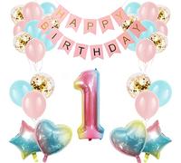 Apradas Baby Girl First Birthday Decorations Gradient Color Balloons with Happy Birthday Banner for Baby Showers - Includes Age 1 Party Supplies for Girls & Boys