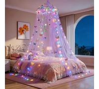 Apradas Round Girls Bed Canopy with 40 LED Lights - Rainbow Bed Curtains for Kids Bedroom - with Vine Glowing Stars Butterflies - Fits Single, Twin, Full, Queen Size Kids Bed (Purple)