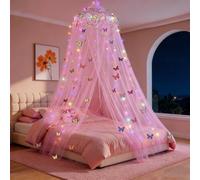 Apradas Round Girls Bed Canopy with 40 LED Lights - Rainbow Bed Curtains for Kids Bedroom - with Vine Glowing Stars Butterflies - Fits Single, Twin, Full, Queen Size Kids Bed (Pink)