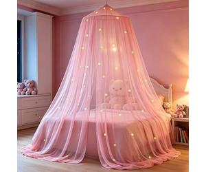 Apradas Round Girls Bed Canopy with 40 LED Lights - Rainbow Bed Curtains for Kids Bedroom - with Vine Glowing Stars Butterflies - Fits Single, Twin, Full, Queen Size Kids Bed (Pink1)