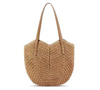 Apradas Straw Beach Bag for Women, Summer Straw Tote Bag Handbag with Zip Leather Handles, Retro Handmade Boho Casual Woven Travel Holiday Shoulder Bags for Beach (Brown)
