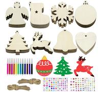 Apragaz 80 Pcs Wooden Christmas Hanging Ornaments, 8 Shapes Unfinished Wooden Tree Decorations with Pens, Gem & Star Stickers, Wood Baubles Christmas Decorations for Xmas DIY Crafts