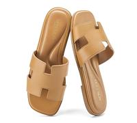 AprCoco Women's Flat Sandals Dressy Classic H-Band Flats Sandals Summer Beach Vacations Slide Sandals, Brown, 8 UK