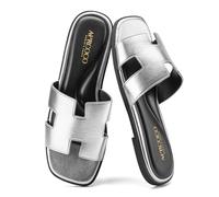 AprCoco Women's Flat Sandals Dressy Classic H-Band Flats Sandals Summer Beach Vacations Slide Sandals, Silver, 6 UK