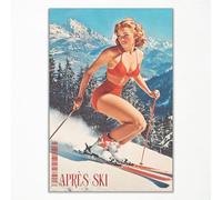 Apres Ski Canvas Wall Art, Trendy Magazine Cover Poster, Funky Swimsuit Ski Girl Print, Vintage Winter Snow Mountain Picture, Fashion Skiing Art for Ski Lodge Party Wall Decor 12x16in Unframed
