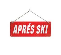 Apres Ski RED Twine Metal Sign Horizontal - Vintage worn rusty look print holiday slopes alpes skiing snowboarding