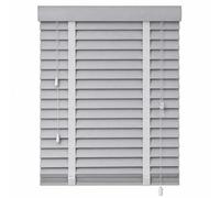 Aprica Faux Wood Venetian Blind, Light Grey, Trimmable 135cm W x 160cm Drop | Shutter-style look with wide slats and decorative fabric tapes. Moisture-resistant PVC with realistic wood-grain finish.
