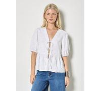 Apricot 3D Embroidered Peplum Linen Top, White, Size S, Women White