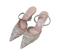 ,Apricot,40,Women's Stiletto Heels, Pumps Mesh Embroidered Flowers Back Strap Slingback High Heels for Dress Wedding Shoes