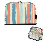 Apricot and Pale Blue Stripe Pattern Pencil Case Organizer Large Capacity Make Up Bags Portable Coin for Kids Office estuche para colores