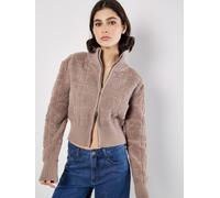 Apricot Boucle Knit Cropped Zip Cardigan In Brown Brown