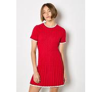 Apricot Cable Knit Contrast Edge Fit and Flare Dress, Red, Size S, Women Red