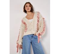 Apricot Chunky Knit Cropped Bow Cardigan In Stone Stone 12