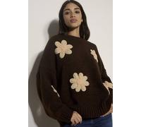 Apricot Women's Chunky Knit Flower Applique Jumper in Brown | Size: 14