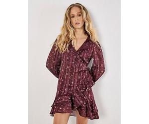 Apricot Constellation Ruffle Wrap Dress, Red, Size S, Women Red