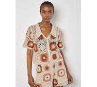 Apricot Crochet Squares Collar Button Thru Top, Cream, Size L, Women Cream