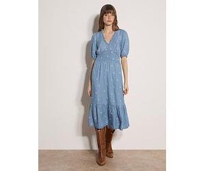 Apricot Ditsy Embroidered Tea Dress, Blue, Size S, Women Blue