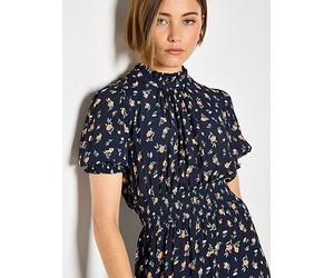 Apricot Ditsy Print Ruffle Neck Dress, Blue, Size S, Women Blue