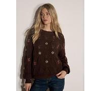 Apricot Embriod Flowers Pointelle Jumper, Brown, Size L, Women Brown