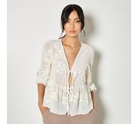 Apricot Embroidered Chiffon Peplum Top BROWN EXTRA SMALL
