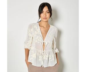 Apricot Embroidered Chiffon Peplum Top BROWN EXTRA SMALL