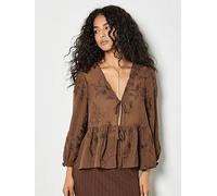 Apricot Embroidered Chiffon Peplum Top, Brown, Size S, Women Brown