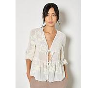 Apricot Embroidered Chiffon Peplum Top, Cream, Size Xs, Women Cream