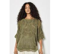 Apricot Embroidered Cotton Crochet Top, Green, Size S, Women Green