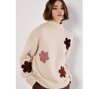 Apricot Embroidered Flower Chunky Knit Jumper In Stone Stone