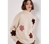 Apricot Embroidered Flower Mock Neck Jumper, Cream, Size S, Women Cream