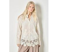 Apricot Embroidered Mesh Lace Edge Oversized Shirt, Cream, Size L, Women Cream