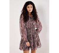 Apricot Feather Patchwork Ruffle Dress, Red, Size S, Women Red