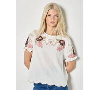 Apricot Floral Embroidered Ruffle Sleeve Top, White, Size L, Women White