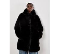 Apricot Fur Collar Longline Coat, Black, Size L, Women Black