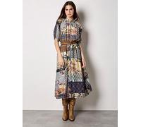 Apricot High Neck Patchwork Midi Shirt Dress, Blue, Size L, Women Blue
