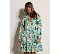 Apricot Ikat Lurex Chiffon Babydoll Tiered Ruffle Neck Dress, Blue, Size Xs, Women Blue