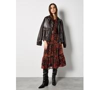 Apricot Ikat Patchwork Smocked Chiffon Midi Dress In Burgundy Burgundy
