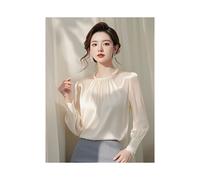 (APRICOT, L) Women Spring Autumn Elegant Temperament Pleated Solid Color O-neck Long Sleeve Shirts Ladies Simplicity Office Lady Satin Tops