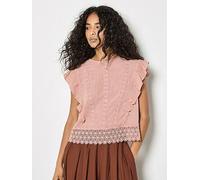 Apricot Lace Trim Frill Edge Top, Pink, Size S, Women Pink